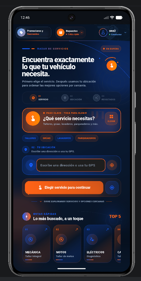 Búsqueda de servicios de TuTallerYa en modo oscuro